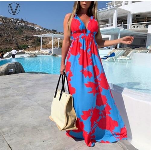 VAZN 2021 Long Dresses arrival Summer Boho Sleeveless Hatler Party Beach Print Maxi Dress Casual Sundress