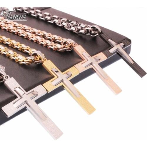 Tiasri Steampunk Jewelry Halloween Friends Gift Cross Pendant For Mens Necklace 6mm Byzantine Chain Stainless Steel Choker 2020