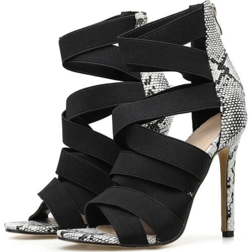 Evkoodance Women Club Party Sandal Dance Boots Black 11cm High Heel Sandal Snake Print Roman Elastic Band Latin Salsa Dance Shoe