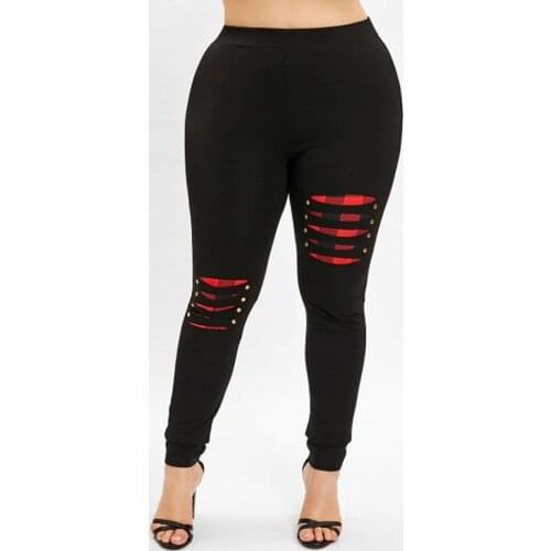 Women Plus Size Leggins Mujer Beading Ripped Plaid Panel Legging Femme Elastic Waist Seamless Leggings Pants Pantalon Pour Femme