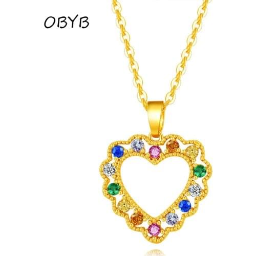 OBYB Fashion Heart Pendant Necklace Stainless Steel Frame Inlay Colorful Cubic Zircon Stone Crystal Necklace for Women‘s Jewelry
