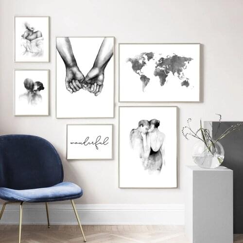 Black And White Ink Couple Hand-Painted Map Wall Art Canvas Painting Nordic Posters And Prints Living Room Wedding Decoration