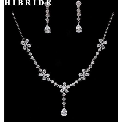 HIBRIDE Classic Flower Shape Crystal CZ Stone Women Bridal Jewelry Set Long Pendant Necklace And Earrings For Female N-235