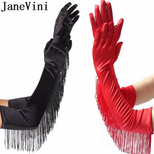 JaneVini 2018 Fashion Bride Black Gloves for Wedding Evening Party Dress Tassel Bridal Dance Gloves Long White Satin Glove Elbow