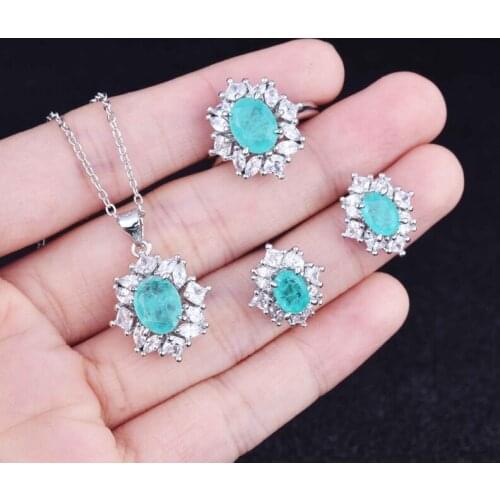 Luxury Paraiba Zircon Jewelry Set Delicate Geometric Pendant Necklace 925 Silver Adjustable Ring For Women Wedding Engagement