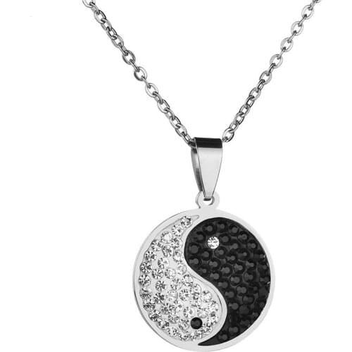 Ying Yang Rhinestone Statement Necklaces Taiji Bagua Charm Stainless Steel Pendant Necklace Jewelry for Lovers Colar Masculino