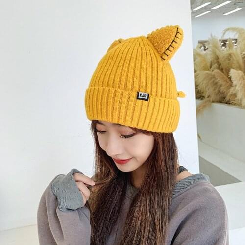 Cute Hat With Ears Winter Warm Female Cap Knitted Winter Cat Skullies Hat 2021 Woman Outdoor Beanies Hat Panama Lady Cap