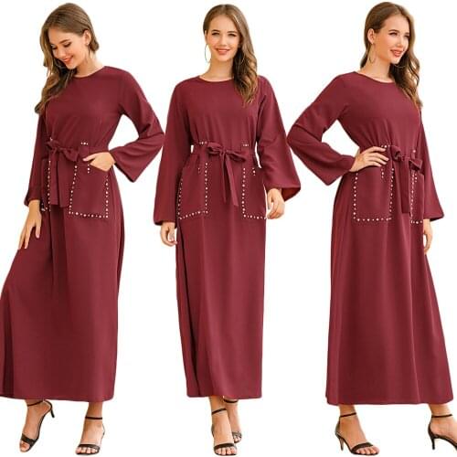 Abaya Women Muslim Long Dress Rhinestone Pockets With Belt Arab Jilbab Party Ramadan Islamic Maxi Robe Gown Dubai Malaysia New