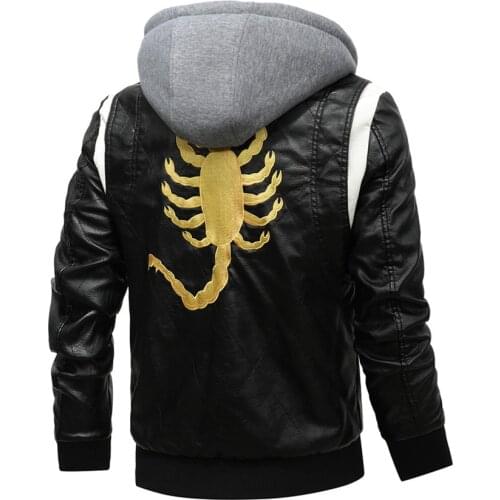 2021 New Spring Leather Mens Jacket Removable Hoodied Scorpion Embroidery Motorcycle Jacket Men Slim Fit Leather Mens Jackets