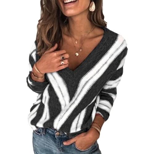 Autumn Female Clothing Casual Sweaters 2022 Fashion Winter V-Neck Women Fashion Sexy Loose Stritped Long Sleeve Pullovers