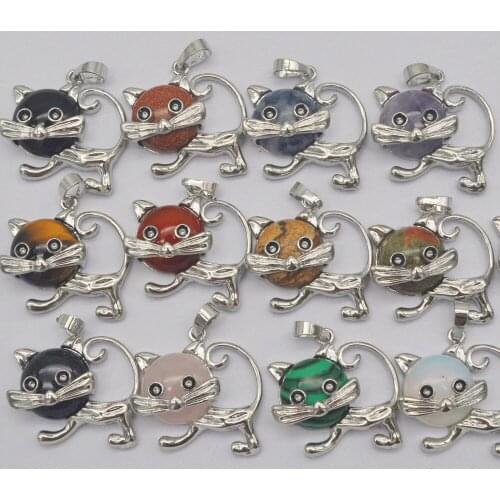 Mixed Stone GEM Pendant Lovely Cat Animal Jewelry For Woman Gift 10PCS /Lot