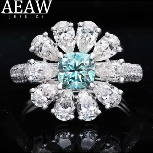 AEAW Real 18k White Gold Luxury Flower Style Blue 0.6ct 5mm Cushion Cut Set With 3X5MM Peart Cut Moissanite Halo Engagement Ring