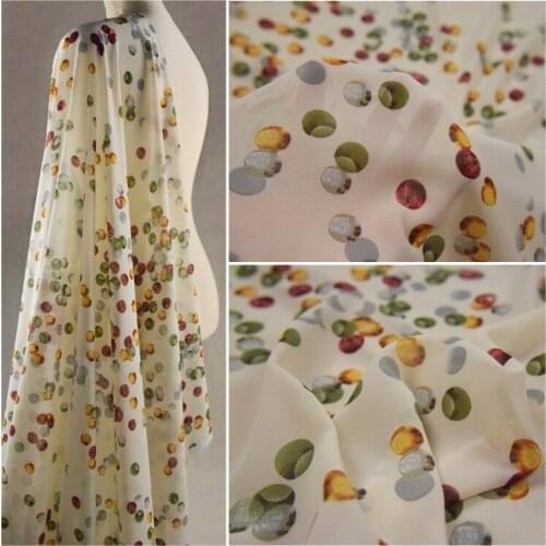 75D High Twist Chiffon Yarn Fabric Fashion Beige Symphony Dot Printed Dress Shirt Womens Handmade DIY Fabric