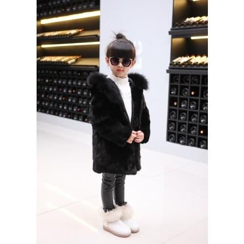 NEW girls real genuine natural kids mink fur coat with fox fur hood child fashion black color jacket outwear