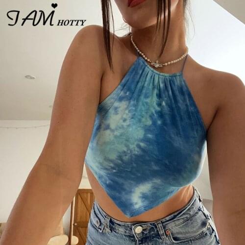 IAMHOTTY Tie Dye Halter Lace Up Harajuku Crop Top Women Backless Cross Bandage Sexy Tops Femme Beach Style Summer Vintag Clothes