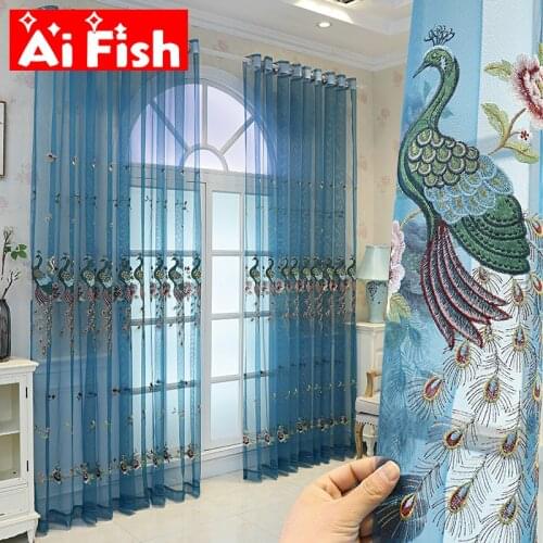Blue Peacock Embroidery Tulle Curtains for Living Room Europe Luxury Exquisite Sheer Voile Kitchen Glass Door Blinds Drapes #5