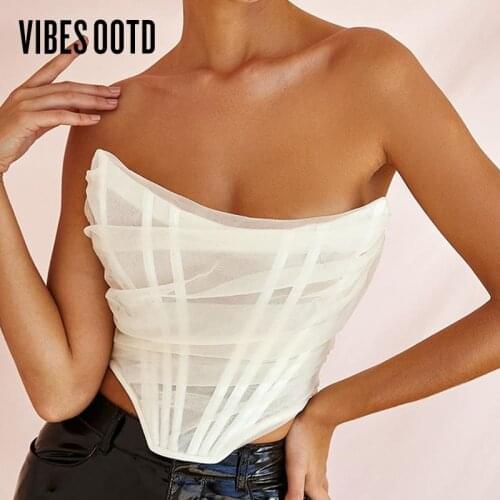 VIBESOOTD Sleeveless Fashion Strapless Mesh Corset Crop Tops Female Sexy Backless Women Tops Zipper Bustier 2021 Summer