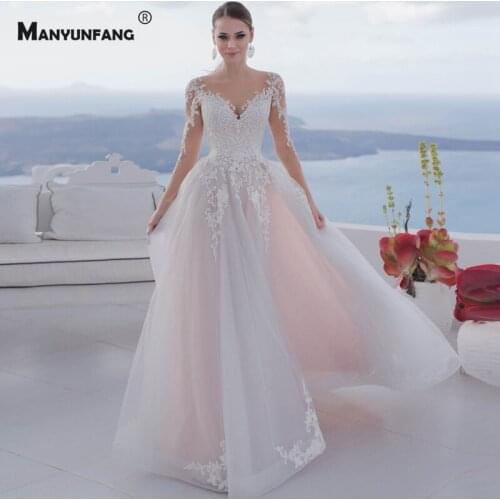 High-End Full Sleeve Embroidery Appliques Tulle Bridal Ball Gown Custom Made Button Illusion O-Neck Court Train Wedding Dress