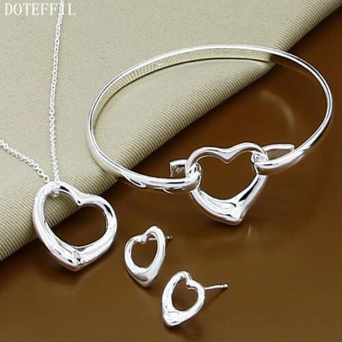 DOTEFFIL 925 Sterling Silver Heart Pendant Necklace Bangle Earring Set For Woman Wedding Engagement Party Fashion Charm Jewelry