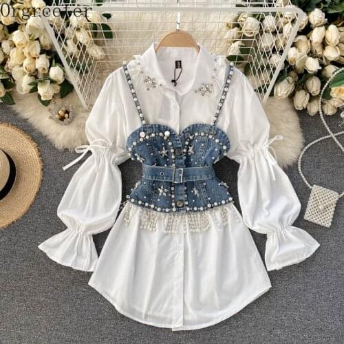 High Quality Shinny Diamond Beaded Denim Vest White Shirt Dress 2pcs Suits Puff sleeve Blouse + Tassel Pearl Denim Vest Sets