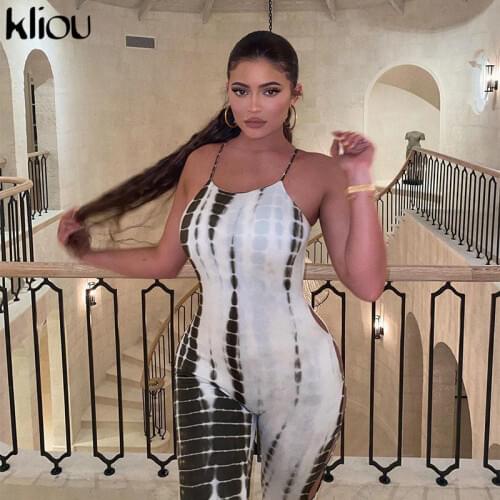 Kliou serpentine print stretchy jumpsuits women sexy camis backless hole high waist boot cut outfits clubwear female streetwear