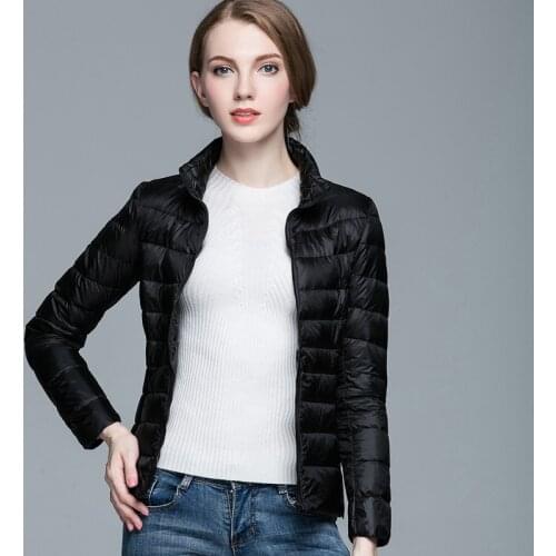 Womens Down Jacket Ultra Light Packable Duck Down Coats Women Stand Collar Slim Thin Winter Parkas With Carry Bag Cloth JK-636