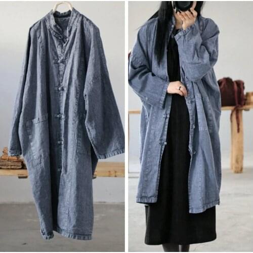 Women Retro Linen Long Coat Outerwear Ladies Vintage Thick Flax Autumn Spring Overcoat Trench Coat 2019 Female Chinese Tops