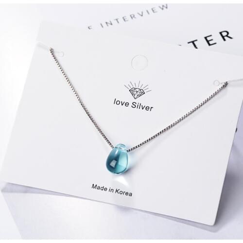Literary Blue Crystal Water Drop Pendant Necklaces For Women Short Clavicle Chain Choker 925 Sterling Silver Jewelry Girl SAN39