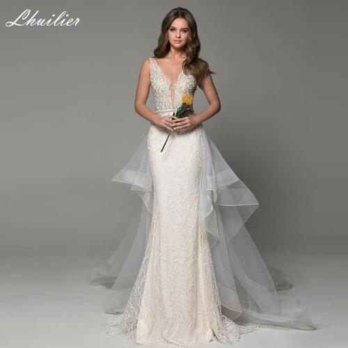 Lhuilier V-neck Lace Mermaid Wedding Dresses 2020 Crystal Beaded Sleeveless Backless Floor Length Tiered Bridal Dress
