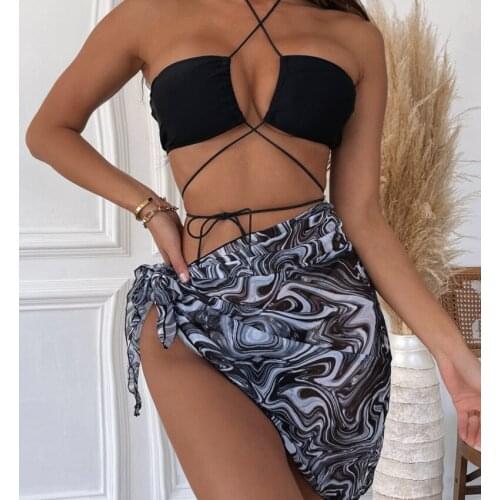 3 PCS With Sarong Micro Thong Halter Bikini Women Swimwear Two-pieces Bikini set Suit Swim B410Q