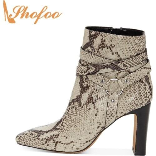Snake Print Ankle Boots High Block Heels Booties Zipper Woman Square Toe Large Size 13 16 Ladies Fashion Mature Shoes Shofoo
