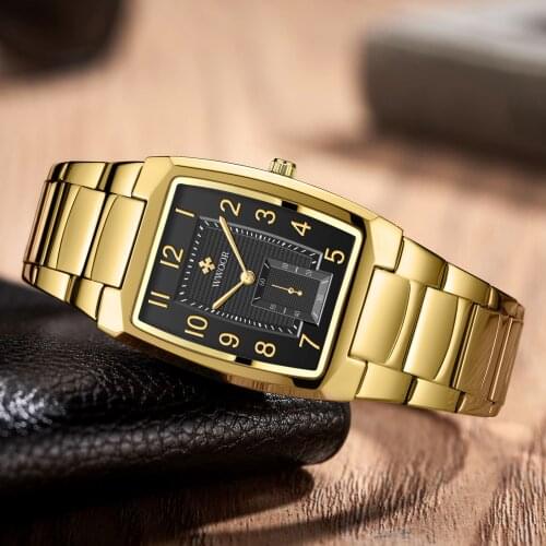 WWOOR 2021 New Top Brand Men Luxury Square Fashion Gold Black Watch Quartz Waterproof Chronograph Wristwatches Relogio Masculino
