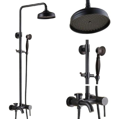 Black Oil Rubbed Brass Single Handle Bathroom 8 Inch Round Rain Shower Faucet Set Bath Tub Mixer Tap Hand Shower mrs342