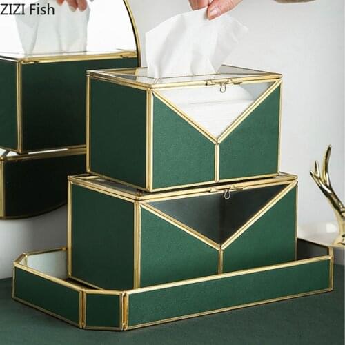 European Leather Tissue Box Dining Table Napkin Holder Paper Towels Glass Tray Removable Tissue Boxes Home Decoration Modern