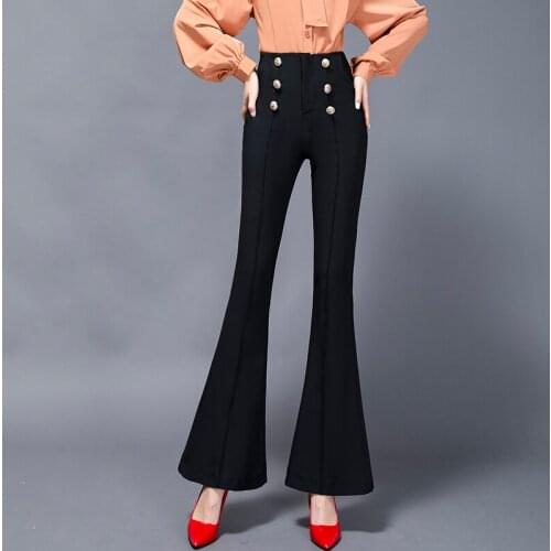 Trend Bell Bottom Leggings Female Trousers Black Women Slim Soft Boot Cut Button Casual Long Pant Flare Pants Elastic High Waist