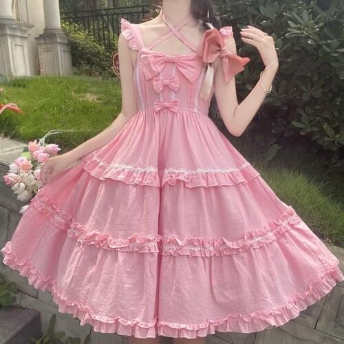Sweet Cute Girl Lolita Kawaii Strap Dress Summer Vintage Palace Party Lolita Dress Women Bow Lace Up Ruffle Pink Midi Dress Loli