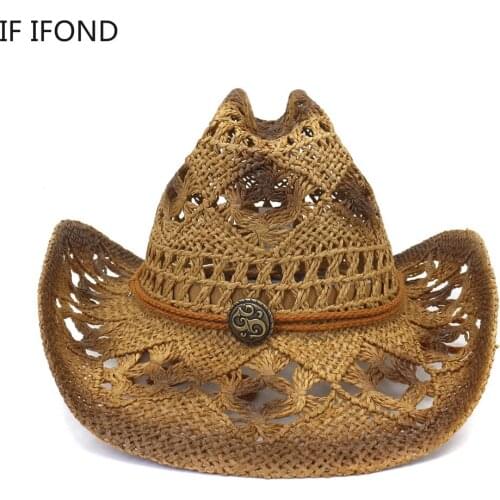 Fashion Women Man Handmade Weave Hollow Western Cowboy Straw Hat 2022 Summer Beach Sun Sombrero Cowgirl Hat