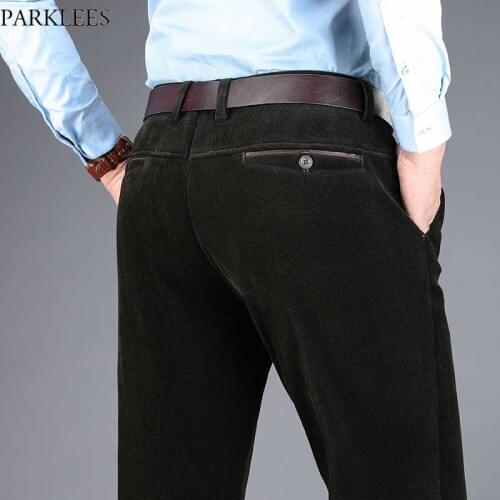 Mens Classic Stretch Corduroy Straight Pants 2021 New Plus Velvet Thicken Warm Trousers Men Business Formal Comfortable Pants