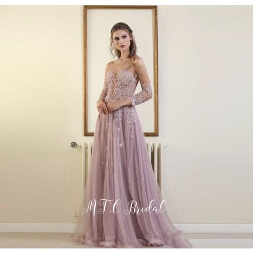 Newest 2019 Dusty Rose Long Sleeve Evening Dress Sheer Lace A Line Backless Charming Formal Women Dresses Custom Made Gowns
