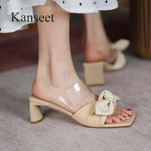 Kanseet 2021 New Womans Slippers Summer Butterfly-Knot Microfiber Classics Handmade Fashion Design Square Toe High Heels Shoes