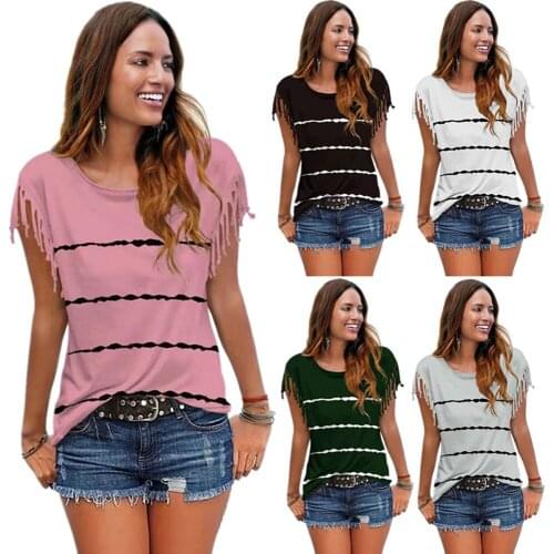 2021 European and American summer new womens clothing fashion all-match printed tassel short-sleeved T-shirt women