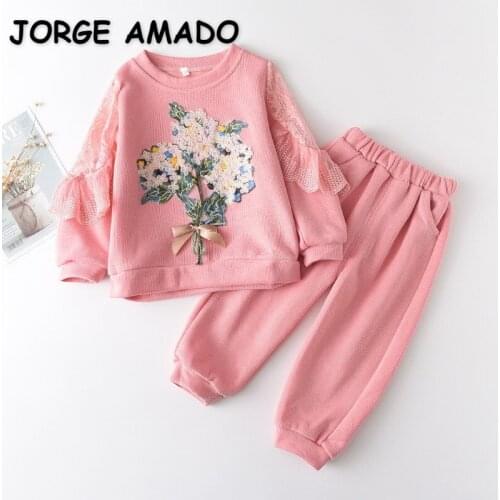 2021 New Spring Teenager Girls 2-pcs Sets Floral Sweatershit + Solid Color Jogger Sports Pants Children Clothes E885