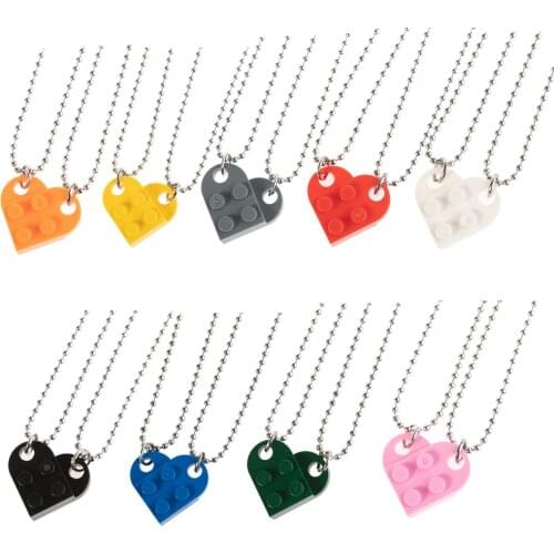 2Pcs Cute Love Heart Brick Pendant Necklace for Couples Friendship Women Men Girl Boy Lego Elements Punk Jewelry Valentines Gift