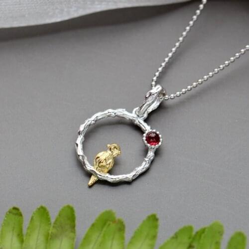 Authentic 925 Sterling Silver Retro Style Charm Bird Pendant Inlaid Natural Garnet Silver Pendant Trendy Style Jewelry Gift