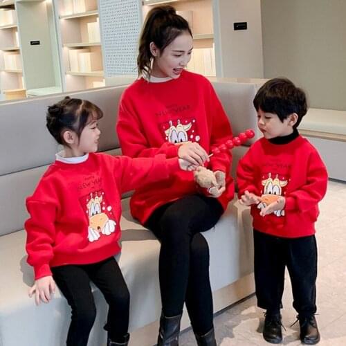 Parents and children womens clothing 2020 New Years clothing plush sweater red family four mouth family clothing father and so