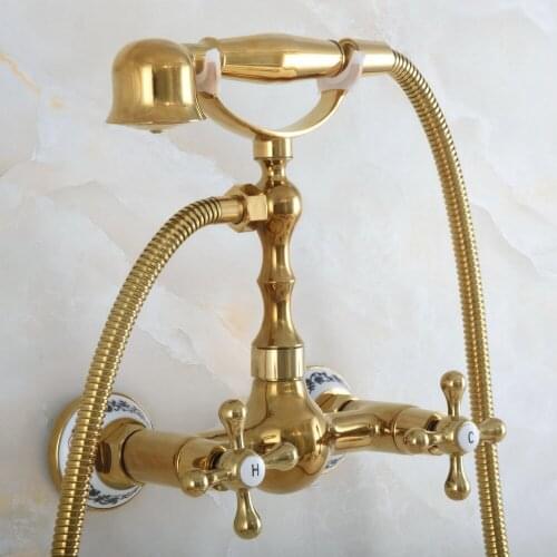 Luxury Polished Gold Color Brass Wall Mounted Bathtub Faucet with Handheld Shower Set +1500MM Hose Mixer Tap 2na827