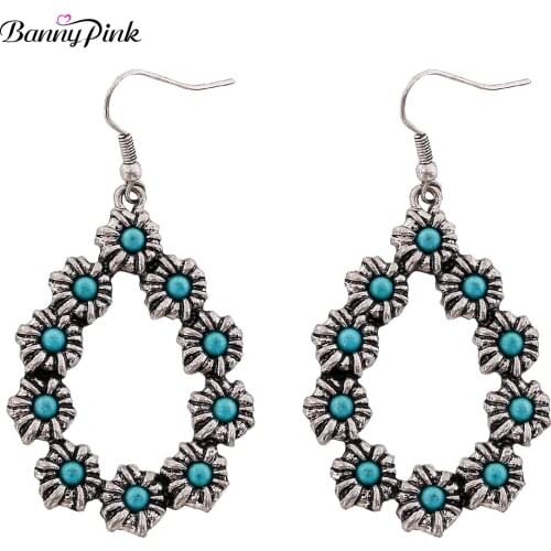Banny Pink Bohemia Turquoises Earrings For Women Indian Flower Statement Dangle Earrings large Hollow Waterdrop Drop Earrings