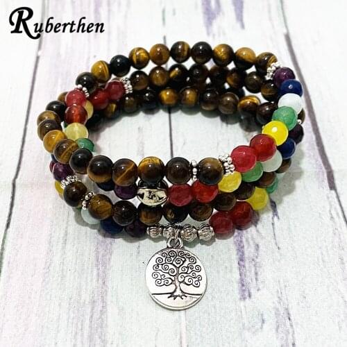 Ruberthen Natural Gemstones 7 Chakra Bracelet Trendy Quality 6 mm Tiger eye Stone 108 Mala Bracelet Tree of Life Charm Necklace