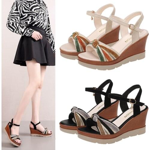 Slope Heel Fish Mouth Sandals Women Summer New Korean Thick-soled Womens Sandals One Word Buckle High-heeled Sandals Women