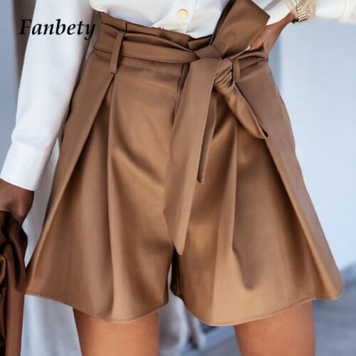 Office Lady Fashion Elegant Lace-Up Belted Short Summer Women Sexy Solid PU Leather High Waist Loose Short Casual Wide Leg Short